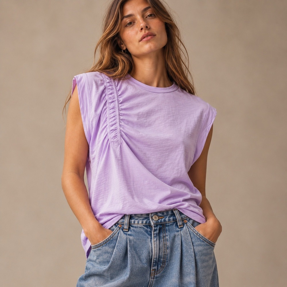 Anthropologie Pilcro Ruched Muscle Tee Slub Cotton Lavender NWT Sz M